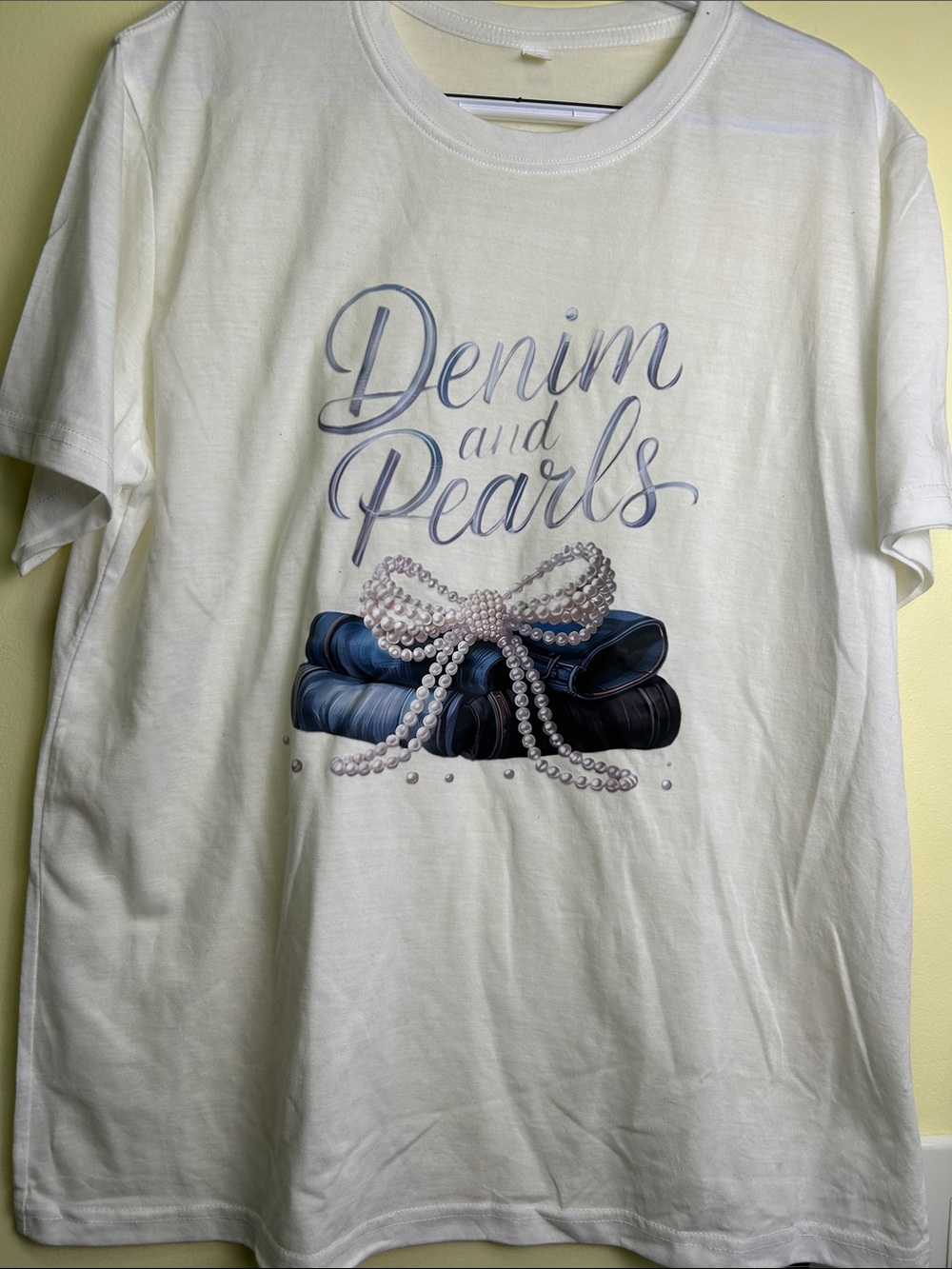 Denim and Pearls Graphic Tee - White